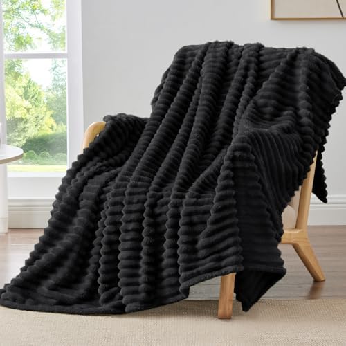 BEDELITE Ribbed Fleece Throw Blanket for Couch, Black, 50"x70" by BEDELITE