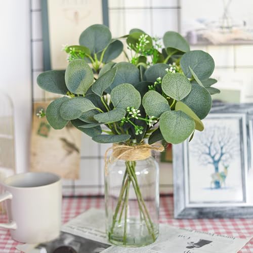 Der Rose 13.5" Sage Green Faux Eucalyptus in Clear Vase for Bathroom Decor - Image 4