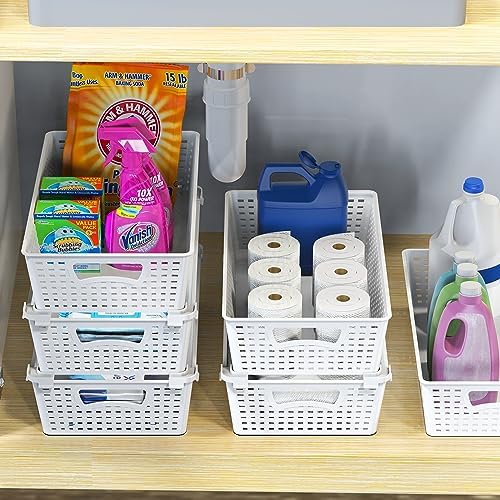 Simple Houseware Stackable Plastic Woven Basket Organizer, 6 Pack, White - Image 5