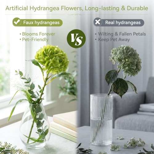 Pinkpum 6 Pcs Mix Green Hydrangea Artificial Flowers with Fens & Eucalyptus - Image 3