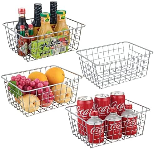 JUNCHU CHERRY Wire Kitchen Storage Basket 4 Packs,Perfect Pantry Organization Accessories Baskets,Laundry Basket,Countertop Organiztion,Suitable for Kitchen,Bathroom,Bedroom,Tabletop,Stackable,Silver by JUNCHUCHERRY