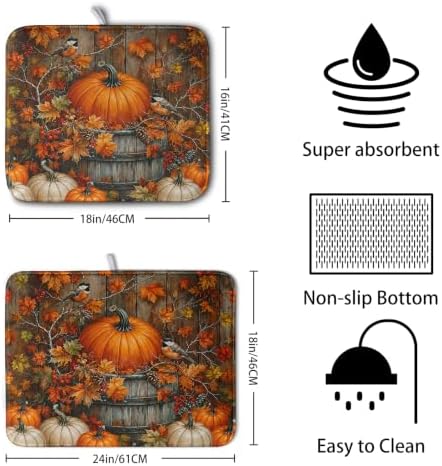 Fall Dish Drying Mat for Kitchen Counter 16x18 Autumn Pumpkin Maple Leaves Birds Dish Drying Pad for Dishes Microfiber Absorbent Dishes Drainer Mats Thanksgiving Dish Rack Mat - Image 2