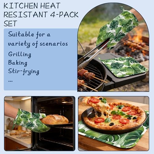 Green Palm Leaf Pot Holders and Oven Mitts,Summer Tropical Leaves Oven Mitts Heat Resistant Cotton Lining Anti-Slip Silicone Kitchen Mitts Set Hot Pads for Microwaves Cooking Baking Grilling - Image 5