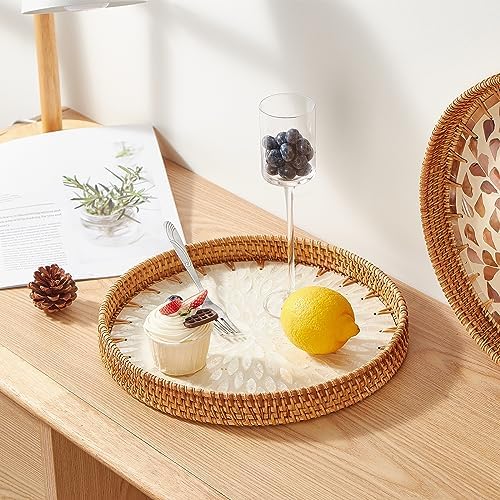 Kmelep Round Rattan Tray with Mother of Pearl Inlay, Rattan Serving Tray with Wooden Base, Decorative Wicker Basket for Table Decor, Storage and Display of Coffee Bread Food Fruit (Leaf 2) - Image 3