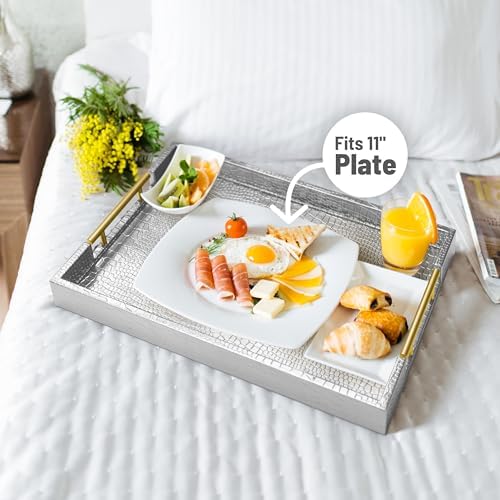 ATZYmolin 17"x12" Leather Serving Tray, Gold Handle Vanity Platter, Silvery - Image 4