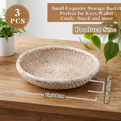 Hushee 3 Pcs Small Wicker Key Basket Entryway Table, White, Round - Image 3