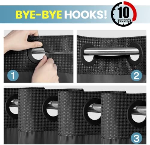 SORTTO Ringless Waffle Shower Curtain with Snap in Liner Set, 71x74, Black - Image 3