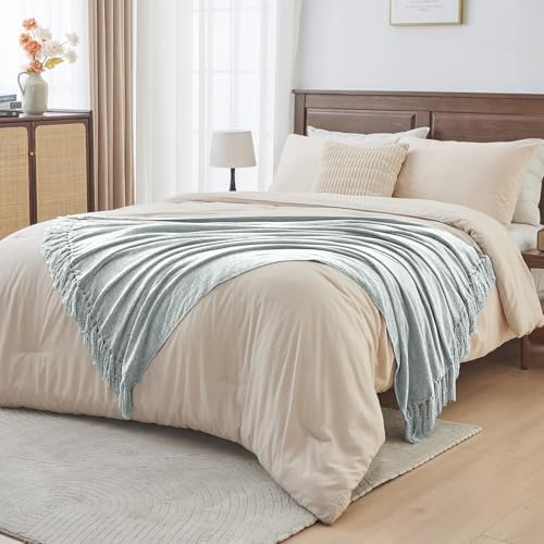 CozeCube Chenille Throw Blanket, Baby Blue Fringe Blanket, 60"X80" - Image 5