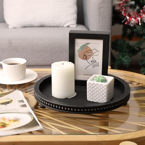 Bamboo Land- Round Decorative Trays for Coffee Table, 12", Black, Wood Tripod & Beaded Design, Wooden Round Tray for Coffee Table - Image 6