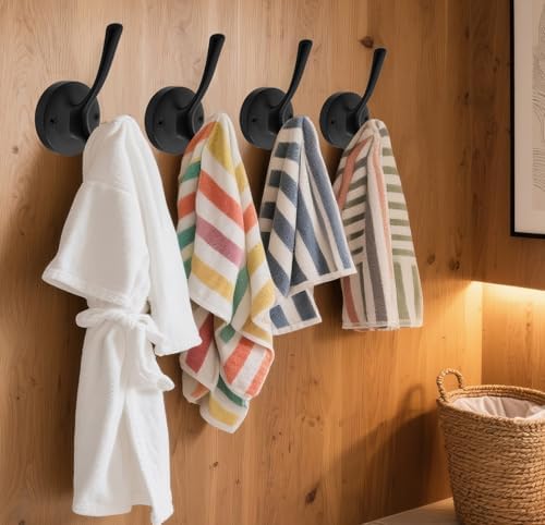 TOFIIGREM Matte Black Wall Hooks, 4 Pack Heavy Duty Coat Towel Hook Metal Double Backpack Hook Wall Mounted, Bath Towel Hooks for Entryway Cubicle Bathroom Closet Garage - Image 2