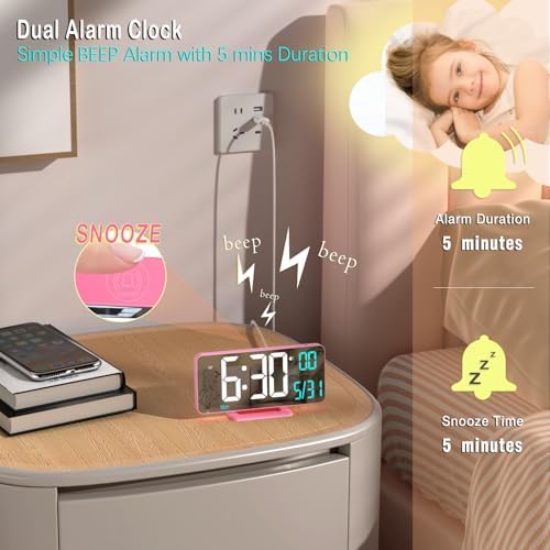 Pink Digital Clock for Bedroom 6.7in Dual Alarm Clock with Dimming, 12/24h, Seconds, Date, Day of Week, Temp, Desk Clock, LED Clock for Table Decor, Digital Calendar Table Clocks for Bedrooms KOSUMOSU - Image 5