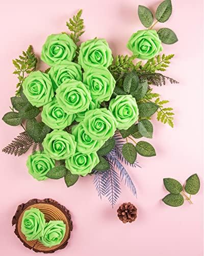 DuHouse 25Pcs Artificial Flowers Foam Roses with Stems(Light Green) - Image 4
