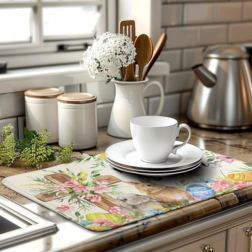 Easter He Is Risen Bunny Dish Drying Mat for Kitchen Counter Spring Easter Cross Floral Eggs Drying Pad 18x24 In Microfiber Absorbent Holiday Dishes Drainer for Kitchen Counter Tableware - Image 6