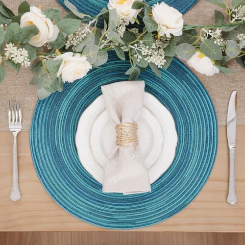 SHACOS 15 inch Round Placemats Set of 8 Variegated Multicolor Place Mats Cotton Polyester Braided Non Slip Washable Heat Resistant Table Mats for Home Wedding Dinner Party Table Decor, Rainbow Teal - Image 3