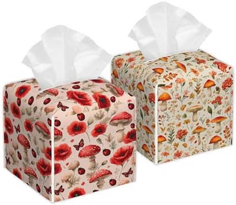 Cute Mushrooms Tissue Box Cover, 2Pcs Square PU Leather Tissue Box Holder for Bathroom Vanity Countertop, Bedroom Dresser, Office Desk or Night Stand Table by Unknown