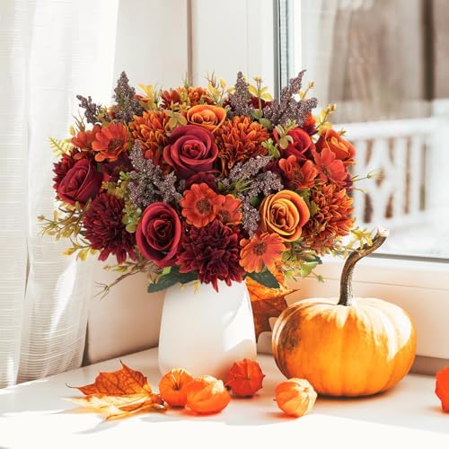 Dremisland Artificial Fall Flowers 4 Packs Silk Roses Bouquet Fall Decor - Image 2