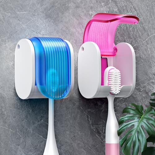 Toothbrush Holders for Bathrooms【Upgrade Single Slot Design】 Toothbrush Holder Wall Mounted with Cover Moisture-Proof and Dust-Proof Toothbrush Storage Organizer for Shower Family and Travel 2PCS by EKOTTOK