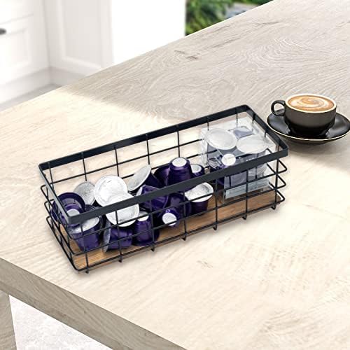 TIEYIPIN Farmhouse Small Metal Wire Storage Basket Bin, Rustic Home Storage Organizer with Wooden Bottom for Kitchen, Cabinets, Bathroom Counter, Pantry, Garage, Laundry Room - Black - Image 6
