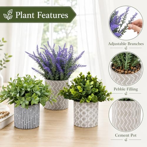 Faux Plants Indoor, Eucalyptus Lavender Greenery in Cement Pots - Image 3