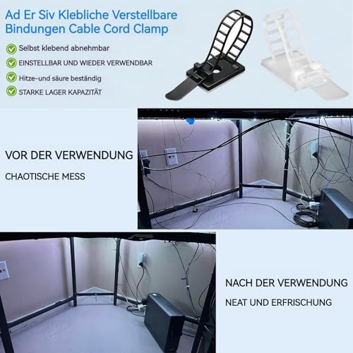 Cable Ties Cable Clips Wire Management Cord Clips Under,Desk Cable Management Reusable Zip Ties Wire Organizer Under Desk 100 packs (White) - Image 6