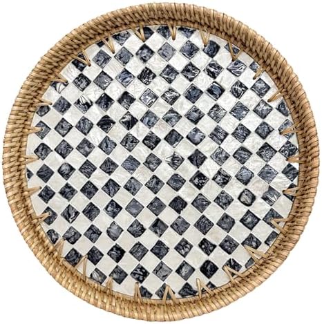 Round Rattan Tray with Mother of Pearl Inlay, Decorative Basket with Wooden Base, Woven Tray for Kitchen Island Decor, Table Decor, Storage and Display of Food (Checkerboard, 13.8") by Unknown