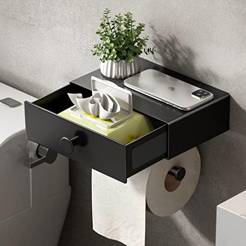 VOLDRA Toilet Paper Holder with Shelf Black Wipes Dispenser for Bathroom Toilet Paper Holder with Storage Upgrade Drawer Design Toilet Tissue Holder Adhesive Small Bathroom Shelf Wall Mount by VOLDRA