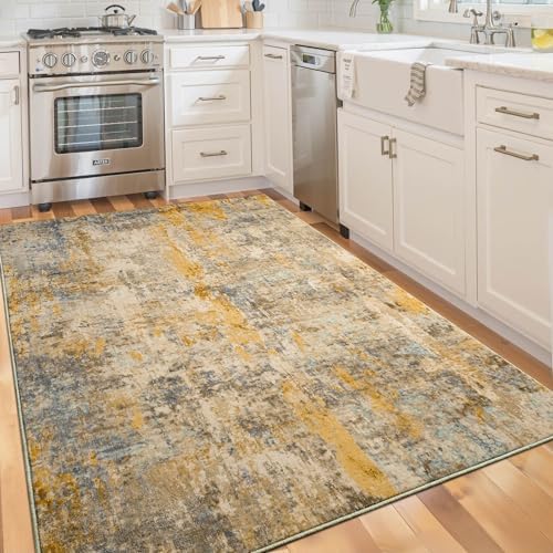 Area Rug 4x6 Beige Rug Washable Boho Rugs Non Slip Low Pile Abstract Small Carpet for Entryway, Bedroom, Kitchen, Classroom, Kids Room, Office, Dorm, Dining Room Light Tan - Image 4