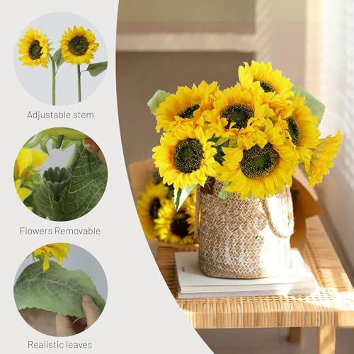 7Pcs Realistic Silk Sunflowers Artificial Flowers,12.6''Fake Sunflowers with Adjustable Long Stem&Detachable Flower Head,Perfect for Home Decor,Wedding,DIY,Sunflowers Decoration for Indoor&Outdoor - Image 3