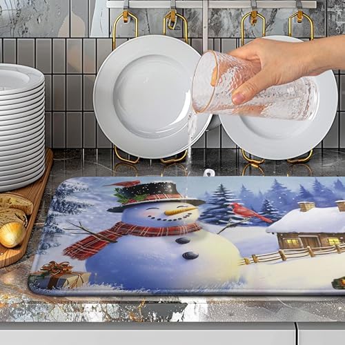 Christmas Snowman Kitchen Drying Mat - Winter Snow Cardinals Pine Trees Dish Drainer - Large Microfiber Absorbent Fast Drying Pad for Kitchen Countertop 1824 - Image 5