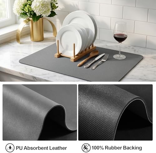 Ecotrim - Dish Drying Mat for Kitchen Counter | Coffee Bar Mat for Countertops | Heat Resistant Drainer Mat with Non-slip Rubber Backed | Hide Stain Kitchen Absorbent Draining Mat | Dark Grey 18"x24" - Image 4