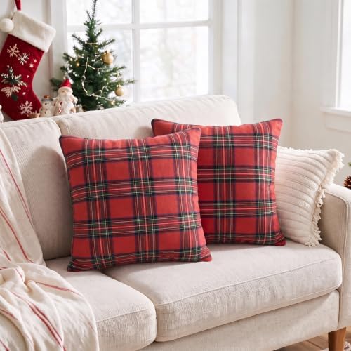 AVOIN colorlife Christmas Red Green Plaid Decorative Throw Pillow Covers, 16 x 16 Inch Holiday Scottish Tartan Cushion Case Farmhouse Decoration for Sofa Couch Set of 2 - Image 2