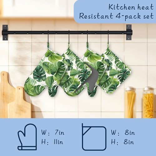 Green Palm Leaf Pot Holders and Oven Mitts,Summer Tropical Leaves Oven Mitts Heat Resistant Cotton Lining Anti-Slip Silicone Kitchen Mitts Set Hot Pads for Microwaves Cooking Baking Grilling - Image 4