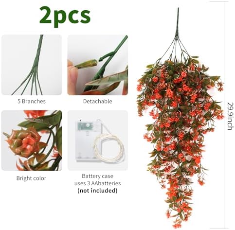 RECUTMS Artificial Fall Hanging Flowers with 30 LED Fairy String Light 2Pcs - Image 2