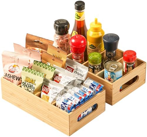 Umilife Bamboo Pantry Organizers and Storage Bins with Removable Dividers, Kitchen Drawer Cabinet Countertop Organization for Snack, Spice Packets, Teabags, Seasoning Pouches (2 Pack) by Umilife