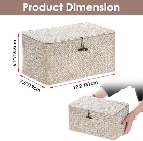 Sumnacon Wicker Basket with Lid,Tampon Holder for Bathroom,Whitewash,Medium - Image 3