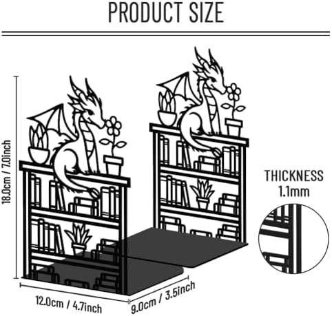 WADORN Dragon Reading Book Metal Bookends for Shelves Decorative 1 Pair, Heavy Duty Books End Support Non-Skid Book Holder Black L-Shaped Book Stopper for Home Office Desk Book Divider, 4.7x3.5x7 Inch - Image 3