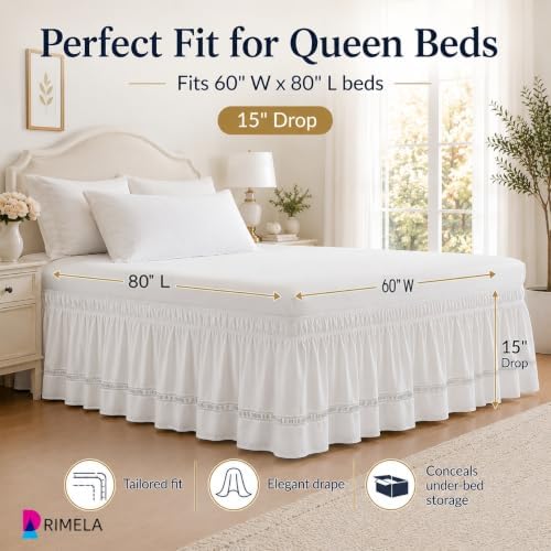 White Jacquard Bed Skirt Queen 16" Drop, Elastic Wrap Around Bedskirt - Image 6