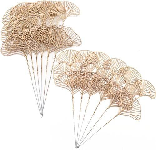 PASYOU Fake Golden Apricot Leaves Plants Artificial Gold Ginkgo Leaf Stems for Christmas Decor, Faux Plastic Sticks Picks Indoor Outdoor Home Wedding Party Event Xmas Ornaments DIY Decoration 12 Pcs by PASYOU
