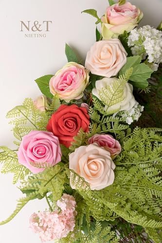 N&T NIETING Artificial Roses Flowers 25Pcs Real Touch Fake Foam Flowers with Stems for DIY Wedding Bridal Bouquet Party Baby Shower Cake Home Arrangement Decoration,Series Red - Image 2