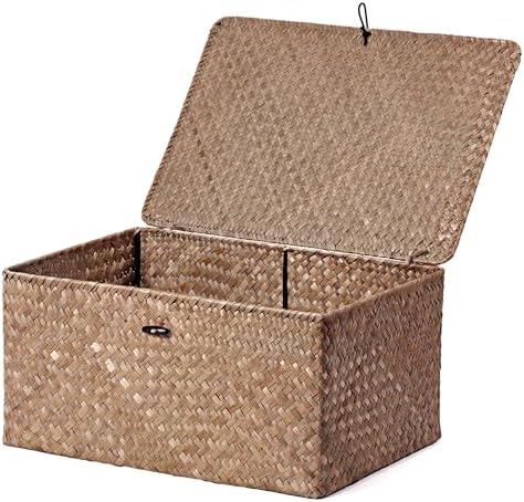 Nonam Large Wicker Basket with Lid,Seagrass Shelf Storage Basket,Coffee by Home