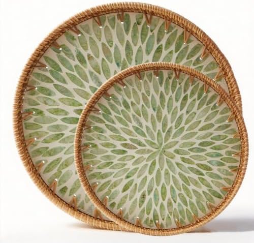 Boho Handwoven Rattan Tray with Mother of Pearl Inlay, 30 and 35cm Round Decorative Trays, Wooden Base Serving Tray for Vanity, Coffee Table & Wall Hanging Decor (2 Suites, Pattern: Greenleaf) by Unknown