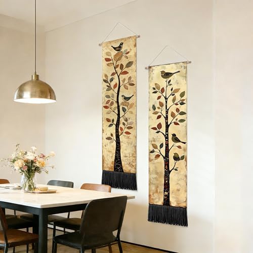 seewan 2 Pack Long Vertical Wall Tapestry, Boho Nature Landscape & Floral Aesthetic Wall Hanging for Bedroom Living Room Home Decor, Long Narrow Art Tapestry with Sunrise Mountain Botanical Designs, 13" × 51" (Vintage Bird Tree, 13"Wx51"H, Unframed) - Image 4