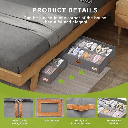 homyfort Shoe Organizer Under Bed, Fits 32 Pairs, Under bed Shoe Storage Boxes with Study Handles and Clear Cover, zapateras organizer for shoes, set of 2 - Image 3
