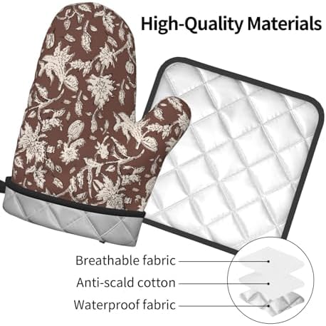 Vintage Block Print Brown Oven Mitts and Pot Holders Sets Floral Vine Oven Mitts Heat Resistant Flowers Kitchen Gloves Hot Pads Two Piece Set for Cooking Baking Grilling BBQ - Image 4