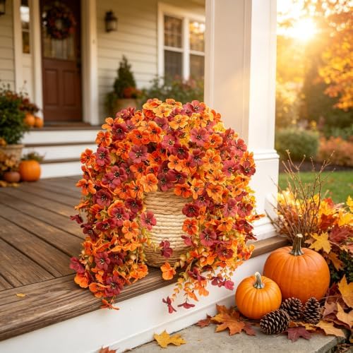 HyeFlora Artificial Autumn Flowers for Outdoors Fall Light Orange & Brown Daisy, Fake Hanging Decoration, 2Pcs Outside Decor, Realistic Plants, Silk Flower for Porch Patio Balcony Planter Yard - Image 5