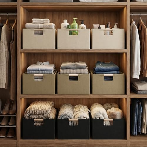 Foldable Fabric Storage Basket for Shelves, Linen Decorative Storage Bin with Wooden Handles, Small Organizer Cube for Closet, Rectangle Canvas Box for Organizing, Decor, 15x10.6x6 Inches (Beige) - Image 5
