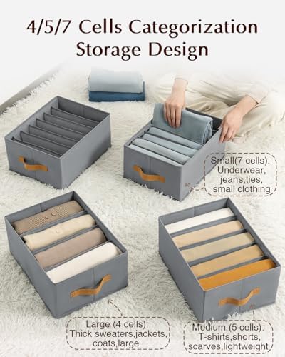 Homsorout Clothes Organizers and Storage - 4/5/7 Grids Fabric Jeans Organizer with Handles, Foldable Closet Organizers Dividers, Wardrobe organizer for Pant, Sweater, T-shirt, Scarf, 3 Pack, Pale Grey - Image 2