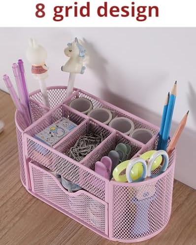 Wire Mesh Desk Organizer, Pink Pen Holder and Desk Organizer with Compartments, Desk Drawer Organizers and Accessories for Office School Home Supplies Teacher Students - Image 4