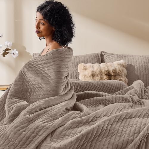 Wonderful - Velvet Quilt Set King Size Light Brown, Soft Cotton-Feel Plush Coverlet with Shams, Premium Vertical Channel Stitched, Lightweight All-Season Bedspread - Image 4