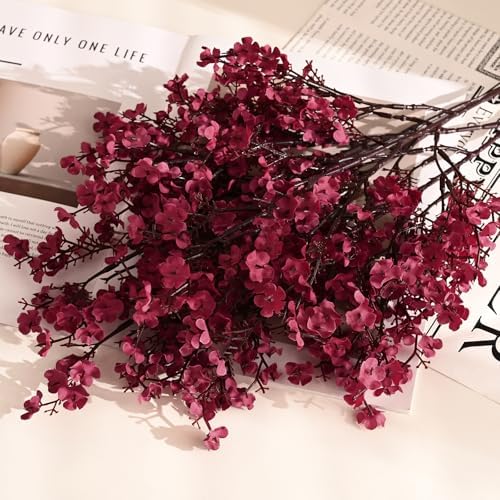 Waipfaru 6Pcs Fake Flowers Babys Breath Silk Artificial Flowers Gypsophila Bouquets Bulk Real Touch Fall Stems for Fall Thanksgiving Decor Autumn DIY Floral Arrangement Table Centerpieces, Wine Red - Image 4